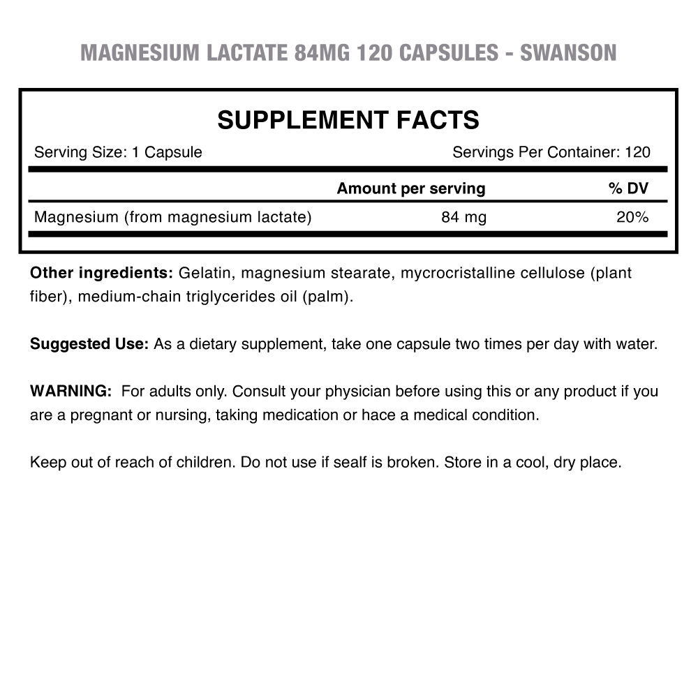 Magnesium Lactate 84mg 120 Caps Swanson a 15990 en Suples.cl